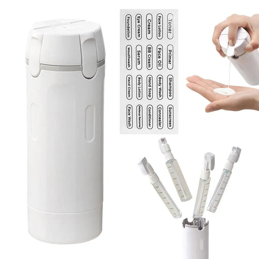 White QuadPod 4-in-1 dispenser with label sticker sheet and four refillable bottles