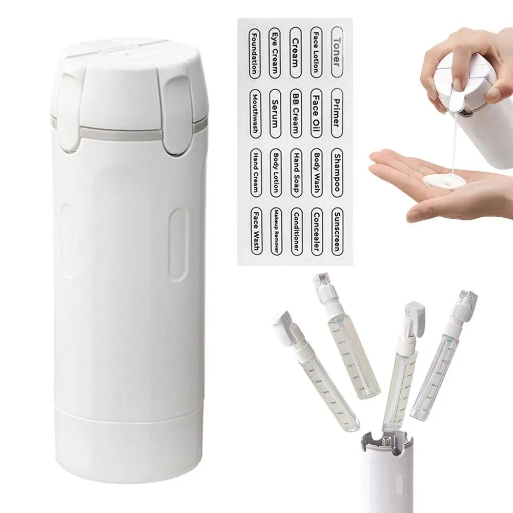 White QuadPod with its label sticker sheet and four refillable bottles